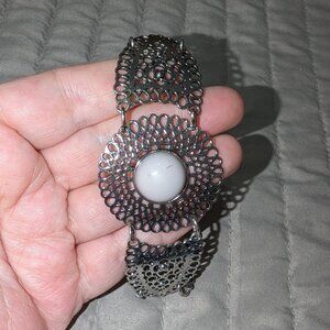 $1 with Bundle ~ Silver Tone Filigree Statement Bracelet White Cabochon 5836